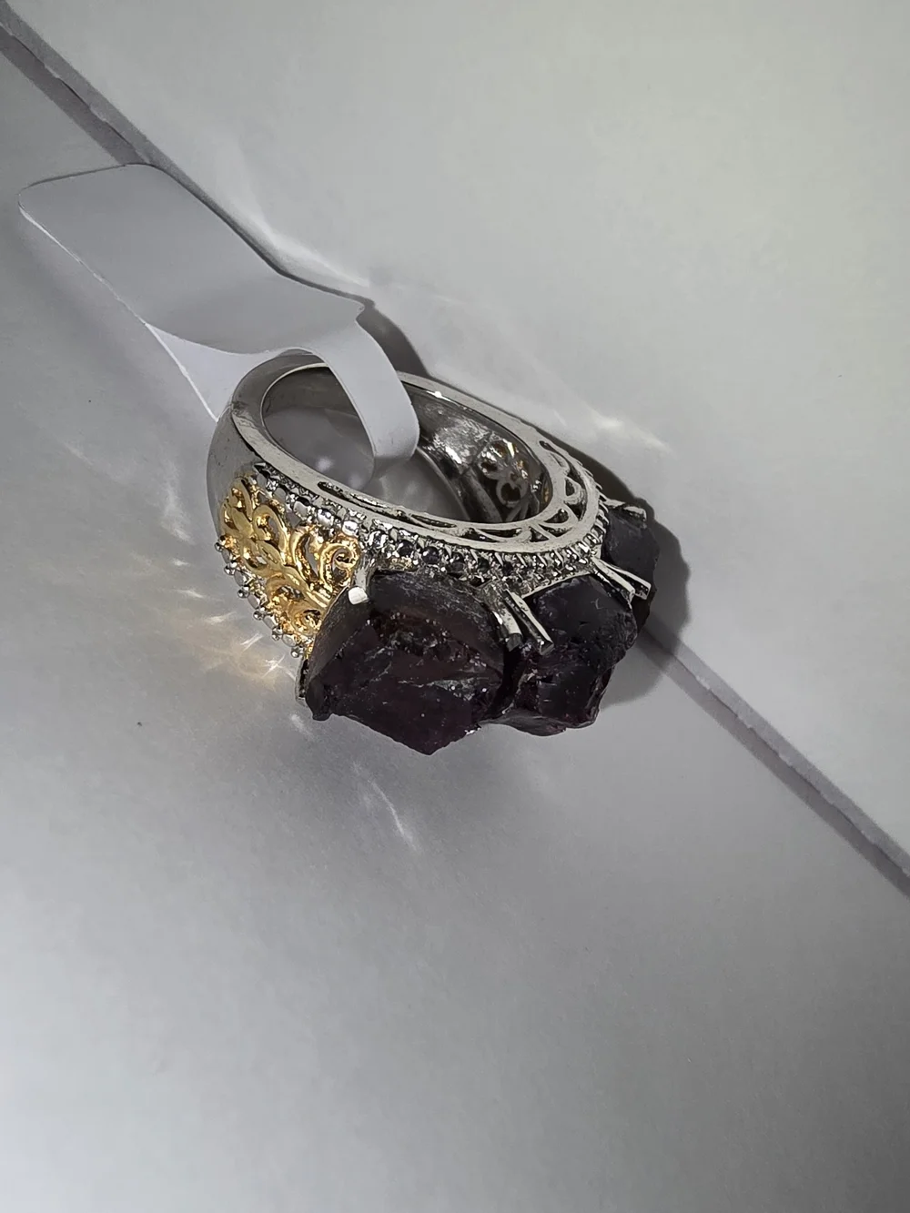 Silver & Gold Statement Ring with Dark Purple Raw Gemstones